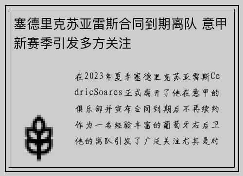 塞德里克苏亚雷斯合同到期离队 意甲新赛季引发多方关注