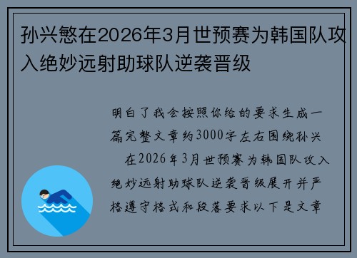 孙兴慜在2026年3月世预赛为韩国队攻入绝妙远射助球队逆袭晋级