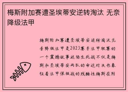 梅斯附加赛遭圣埃蒂安逆转淘汰 无奈降级法甲 梅斯附加赛遭圣埃蒂安逆转淘汰 无奈降级法甲
